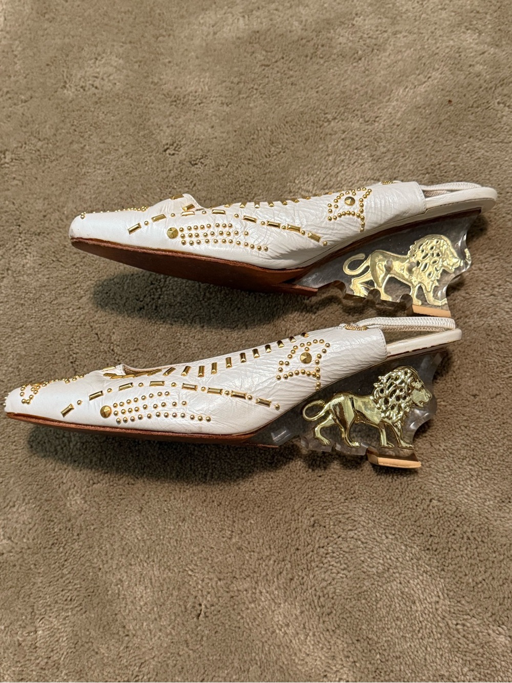 Rare Vintage White Embellished Slingback Heels with Gold Lion Heel